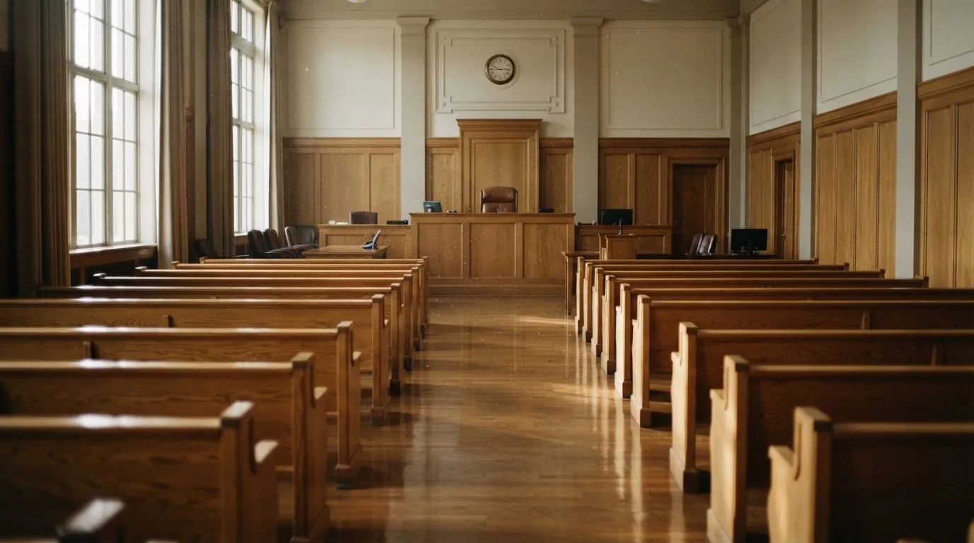 An empty courtroom with wooden benches in morning light