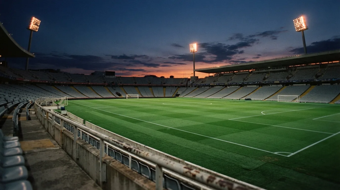 An empty football stadium with floodlight masts at dusk
