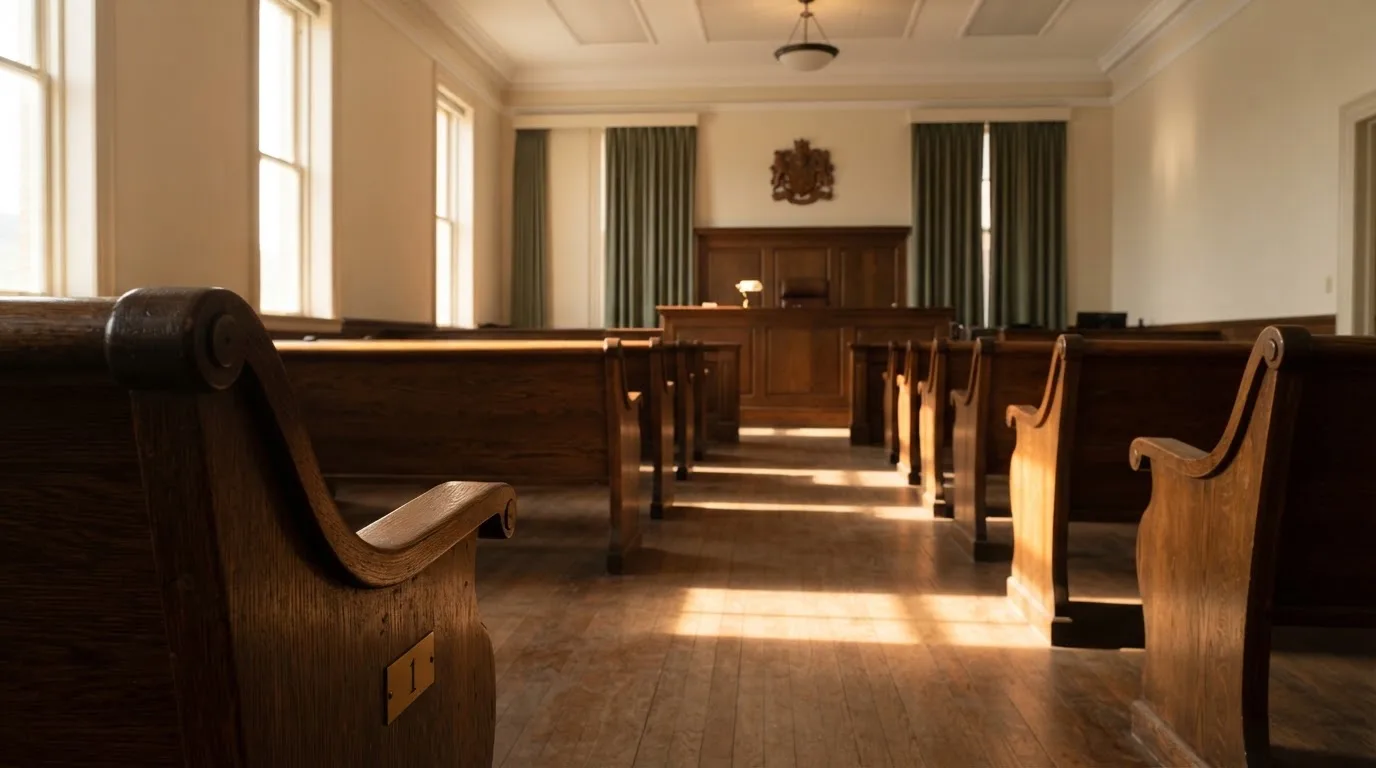 An empty courtroom with wooden benches in morning light