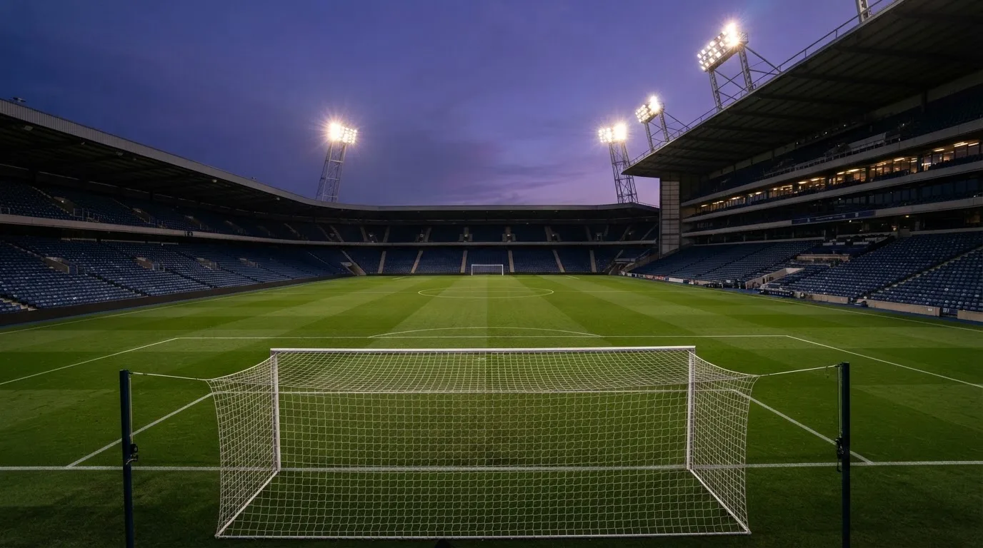 An empty football stadium with floodlight masts at dusk
