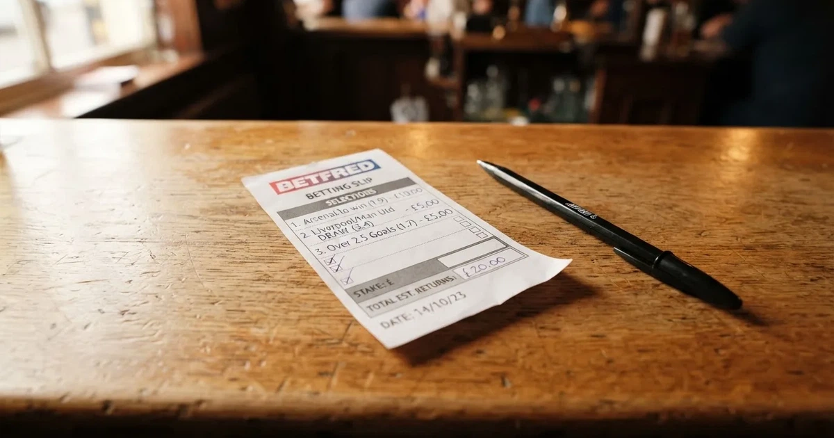 A blank paper betting slip beside a pen on a wooden counter