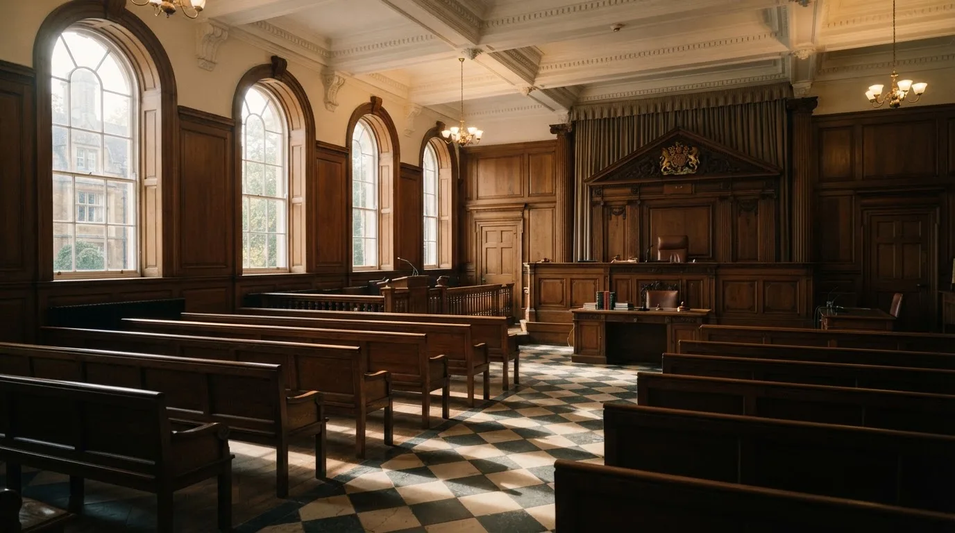 An empty courtroom with wooden benches in morning light