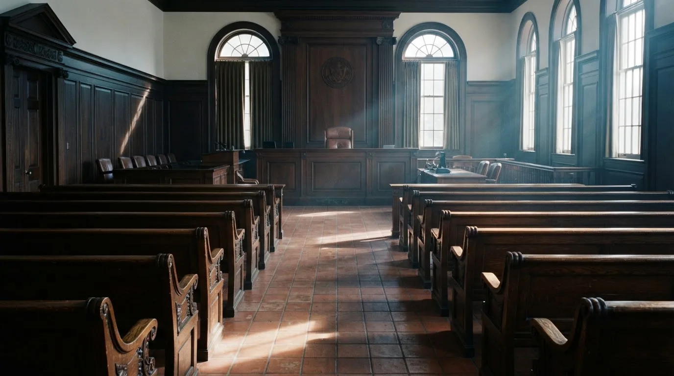 An empty courtroom with wooden benches in morning light